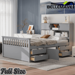Bellemave® Captain Platform Bed with Storage Bookcases and Shelves, Solid Wood Platform Bed Frame with 4 Drawers and a Cabinet - Bellemave