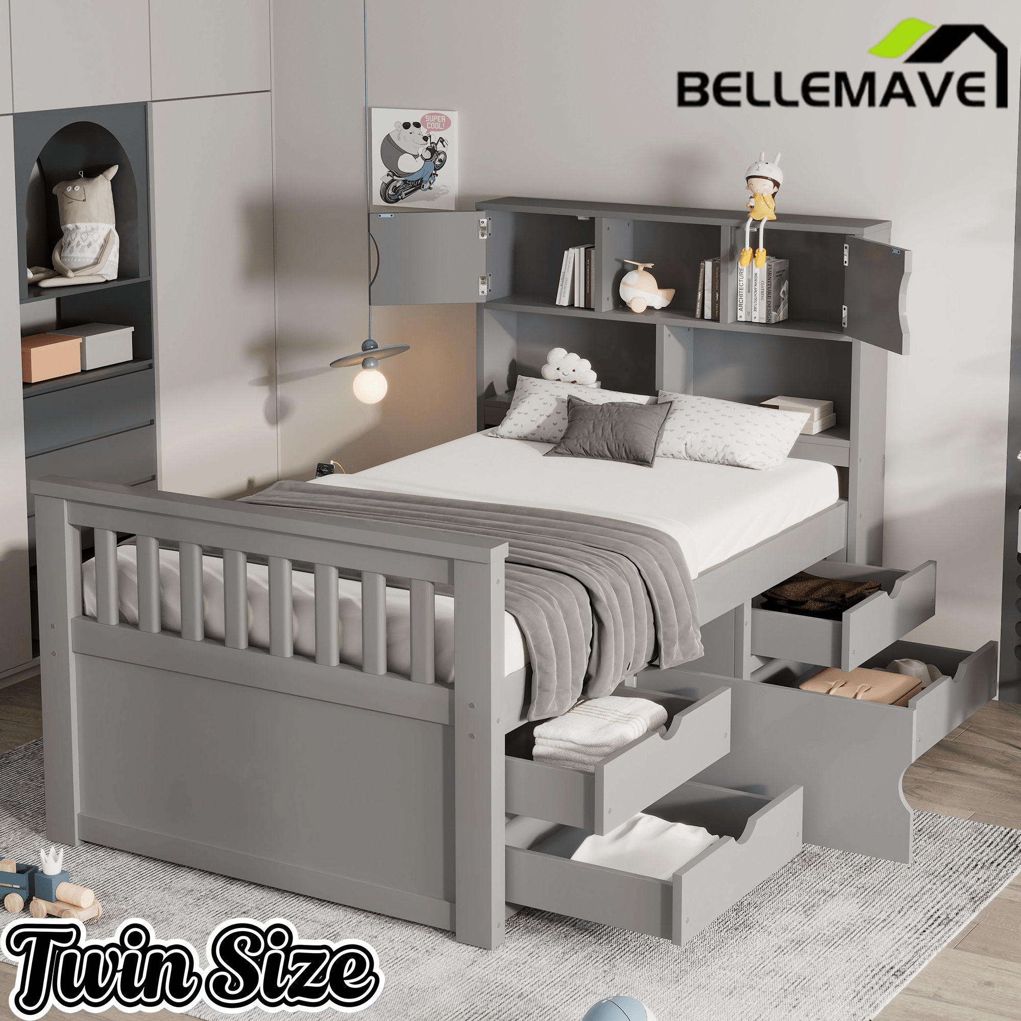Bellemave® Captain Platform Bed with Storage Bookcases and Shelves, Solid Wood Platform Bed Frame with 4 Drawers and a Cabinet - Bellemave