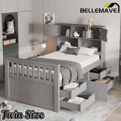 Bellemave® Captain Platform Bed with Storage Bookcases and Shelves, Solid Wood Platform Bed Frame with 4 Drawers and a Cabinet - Bellemave