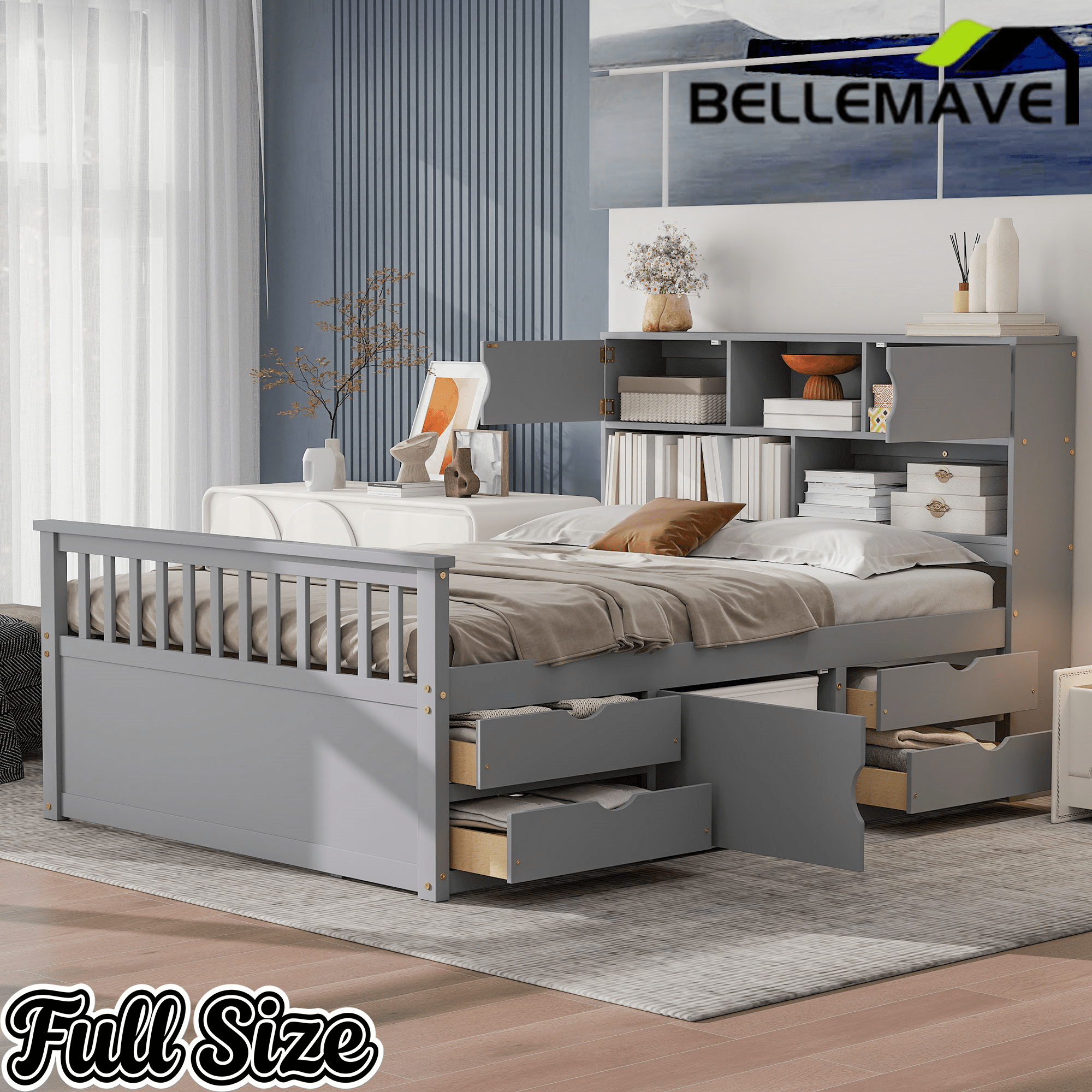 Bellemave® Captain Platform Bed with Storage Bookcases and Shelves, Solid Wood Platform Bed Frame with 4 Drawers and a Cabinet - Bellemave