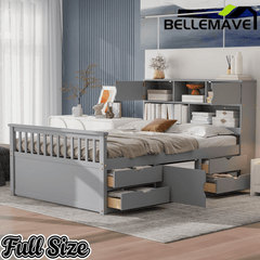 Bellemave® Captain Platform Bed with Storage Bookcases and Shelves, Solid Wood Platform Bed Frame with 4 Drawers and a Cabinet - Bellemave