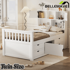 Bellemave® Captain Platform Bed with Storage Bookcases and Shelves, Solid Wood Platform Bed Frame with 4 Drawers and a Cabinet - Bellemave