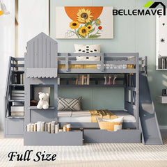Bellemave® Castle Style Bunk Bed with 2 Drawers 3 Shelves and Slide - Bellemave