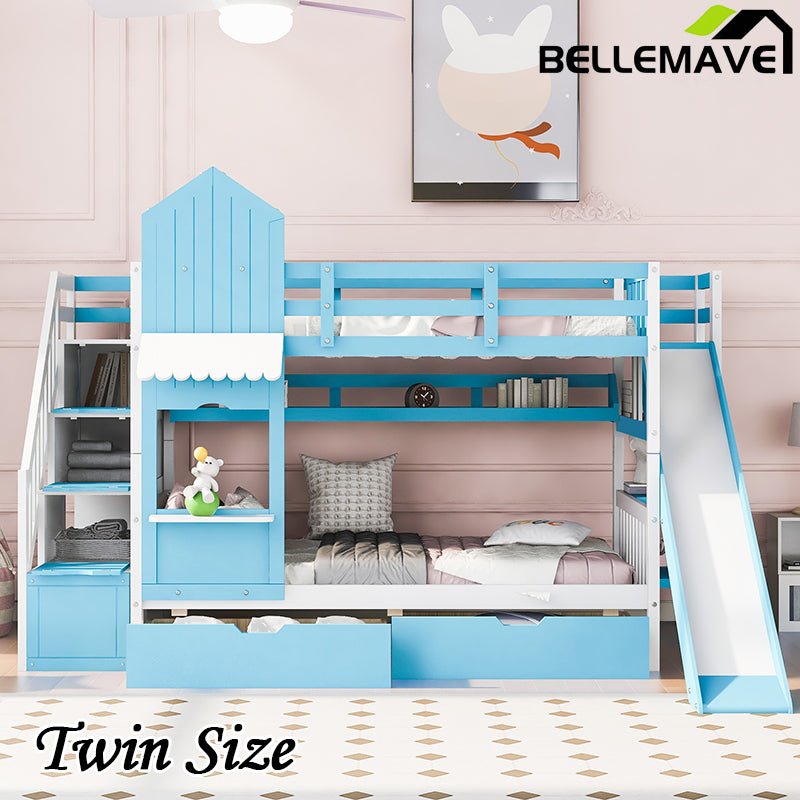 Bellemave® Castle Style Bunk Bed with 2 Drawers 3 Shelves and Slide - Bellemave