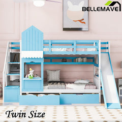Bellemave® Castle Style Bunk Bed with 2 Drawers 3 Shelves and Slide - Bellemave