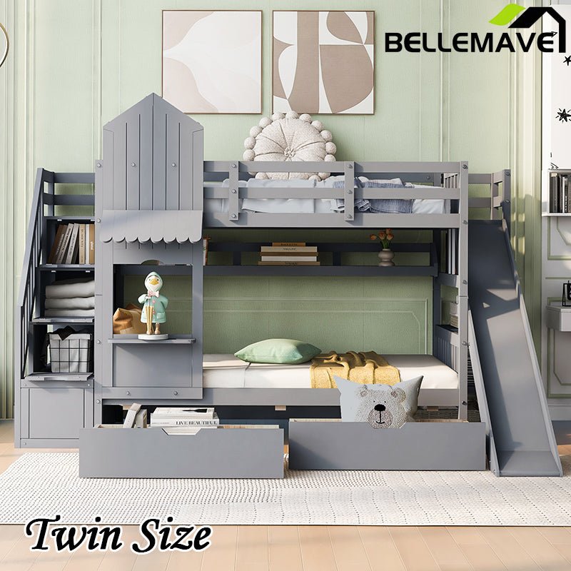 Bellemave® Castle Style Bunk Bed with 2 Drawers 3 Shelves and Slide - Bellemave