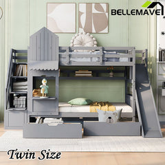 Bellemave® Castle Style Bunk Bed with 2 Drawers 3 Shelves and Slide - Bellemave