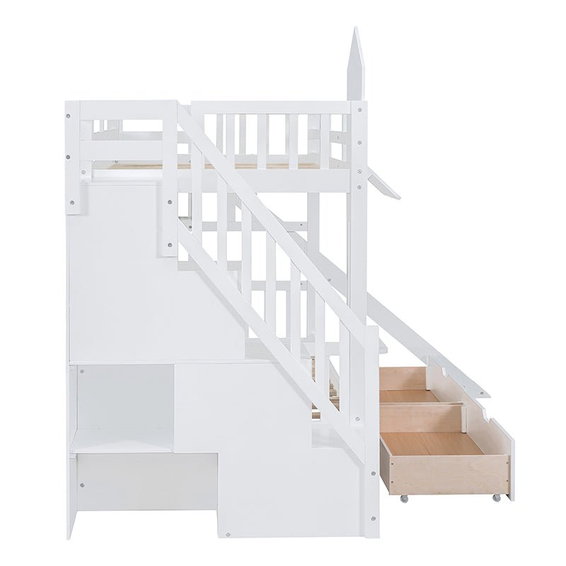 Bellemave® Castle Style Bunk Bed with 2 Drawers 3 Shelves and Slide - Bellemave