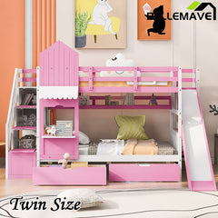Bellemave® Castle Style Bunk Bed with 2 Drawers 3 Shelves and Slide - Bellemave