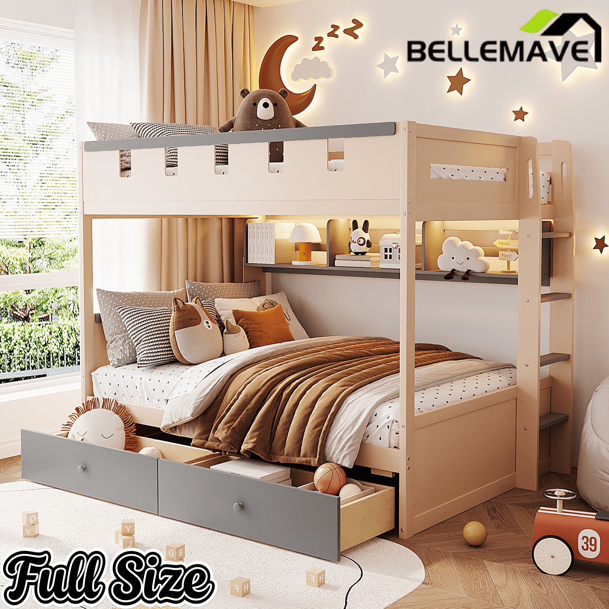 Bellemave® Castle Style Wood Bunk Bed Frame with LED Light Strip, Built - in 3 - Compartment Shelves & 2 Storage Drawers - Bellemave