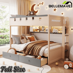 Bellemave® Castle Style Wood Bunk Bed Frame with LED Light Strip, Built - in 3 - Compartment Shelves & 2 Storage Drawers - Bellemave