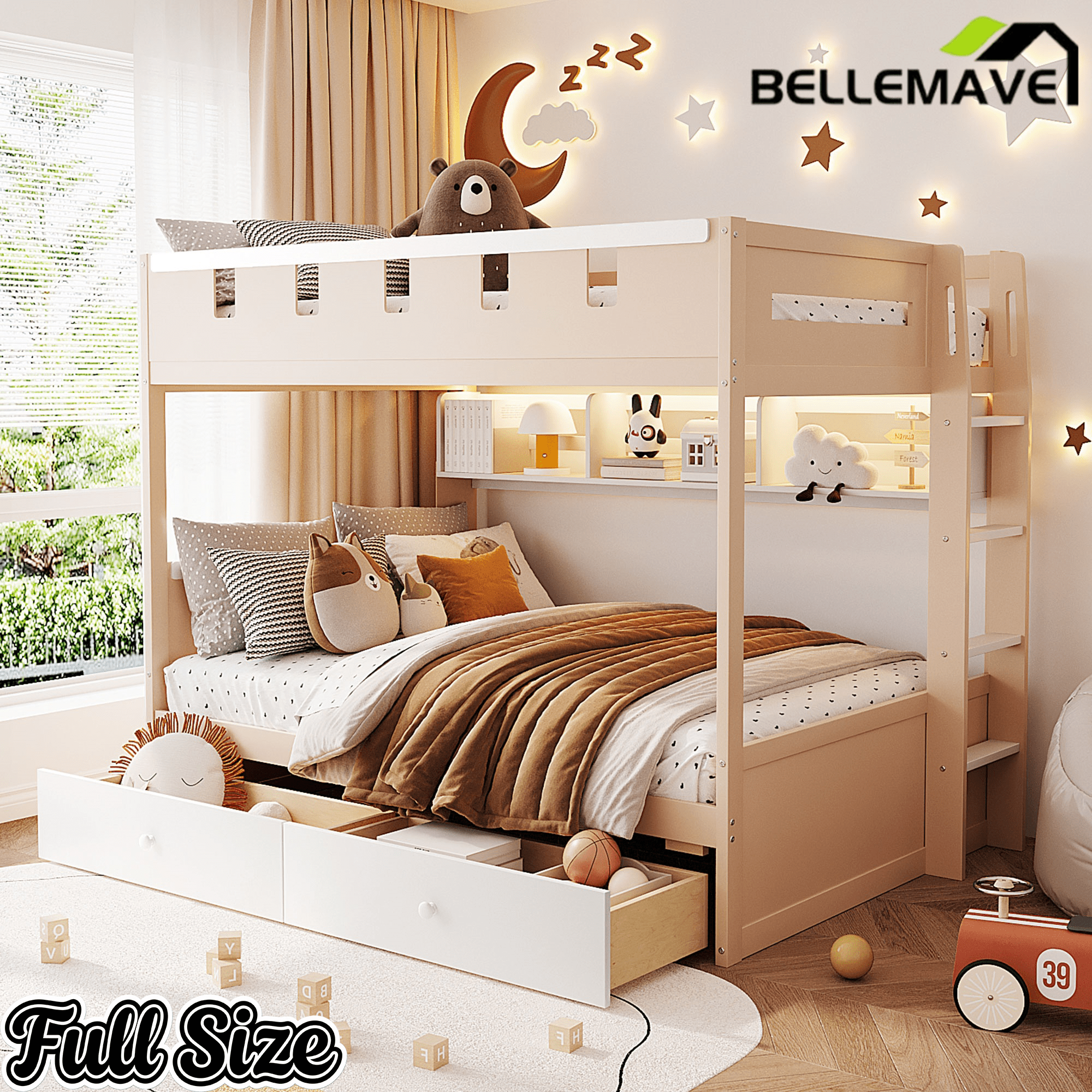 Bellemave® Castle Style Wood Bunk Bed Frame with LED Light Strip, Built - in 3 - Compartment Shelves & 2 Storage Drawers - Bellemave