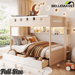 Bellemave® Castle Style Wood Bunk Bed Frame with LED Light Strip, Built - in 3 - Compartment Shelves & 2 Storage Drawers - Bellemave