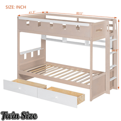 Bellemave® Castle Style Wood Bunk Bed Frame with LED Light Strip, Built - in 3 - Compartment Shelves & 2 Storage Drawers - Bellemave