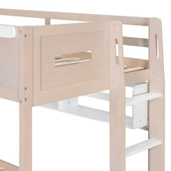 Bellemave® Castle Style Wood Bunk Bed Frame with LED Light Strip, Built - in 3 - Compartment Shelves & 2 Storage Drawers - Bellemave