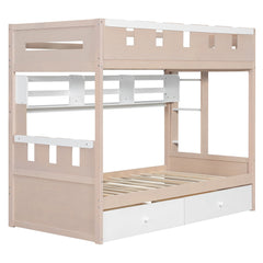 Bellemave® Castle Style Wood Bunk Bed Frame with LED Light Strip, Built - in 3 - Compartment Shelves & 2 Storage Drawers - Bellemave