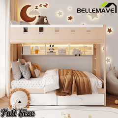 Bellemave® Castle Style Wood Bunk Bed Frame with LED Light Strip, Built - in 3 - Compartment Shelves & 2 Storage Drawers - Bellemave