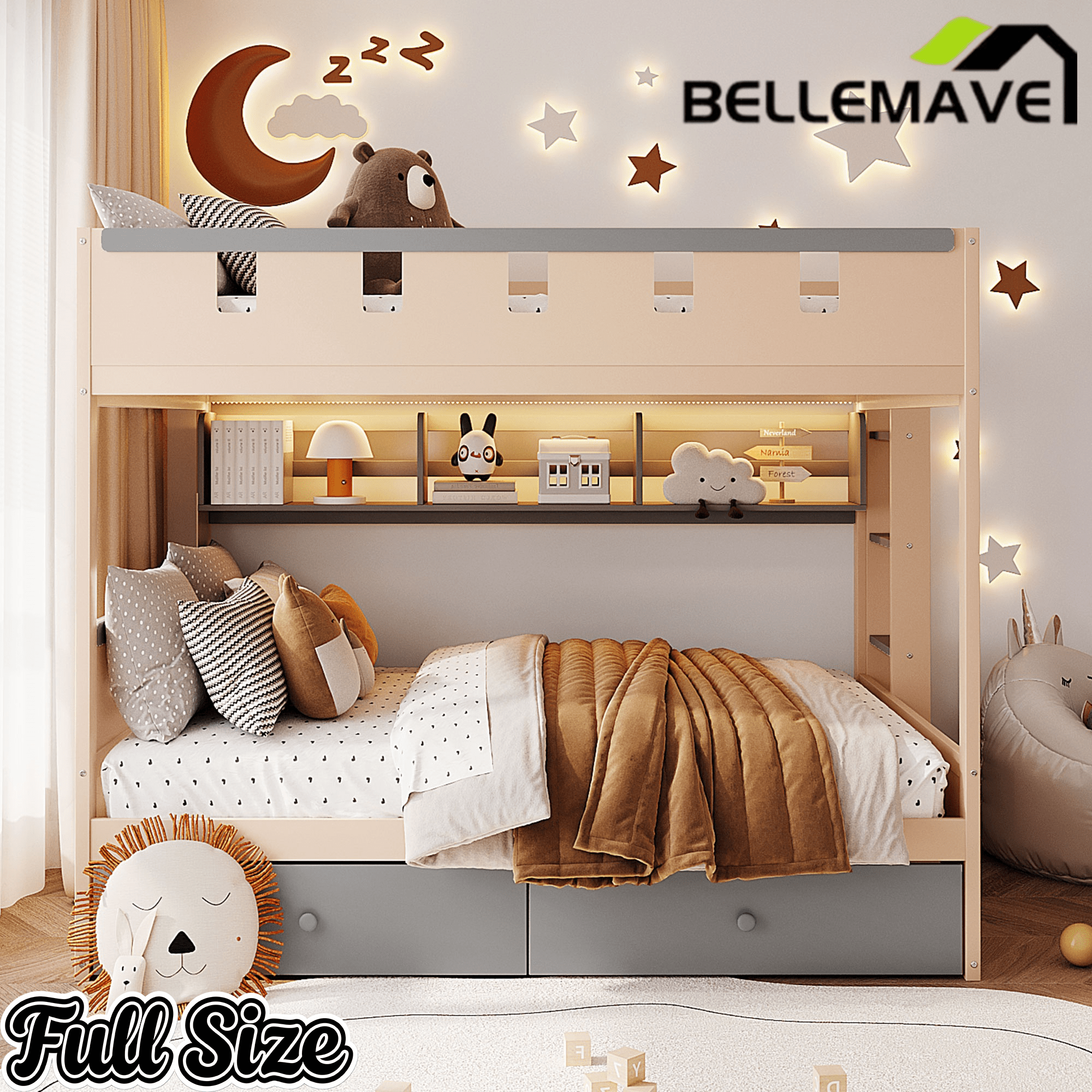 Bellemave® Castle Style Wood Bunk Bed Frame with LED Light Strip, Built - in 3 - Compartment Shelves & 2 Storage Drawers - Bellemave