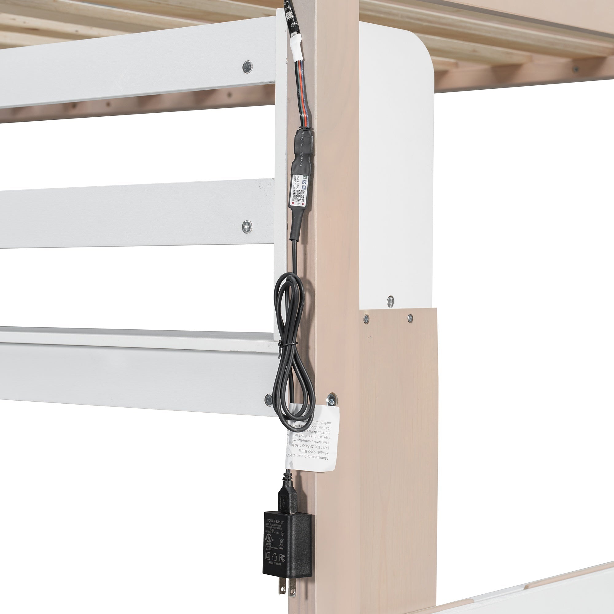 Bellemave® Castle Style Wood Bunk Bed Frame with LED Light Strip, Built - in 3 - Compartment Shelves & 2 Storage Drawers - Bellemave