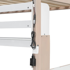Bellemave® Castle Style Wood Bunk Bed Frame with LED Light Strip, Built - in 3 - Compartment Shelves & 2 Storage Drawers - Bellemave
