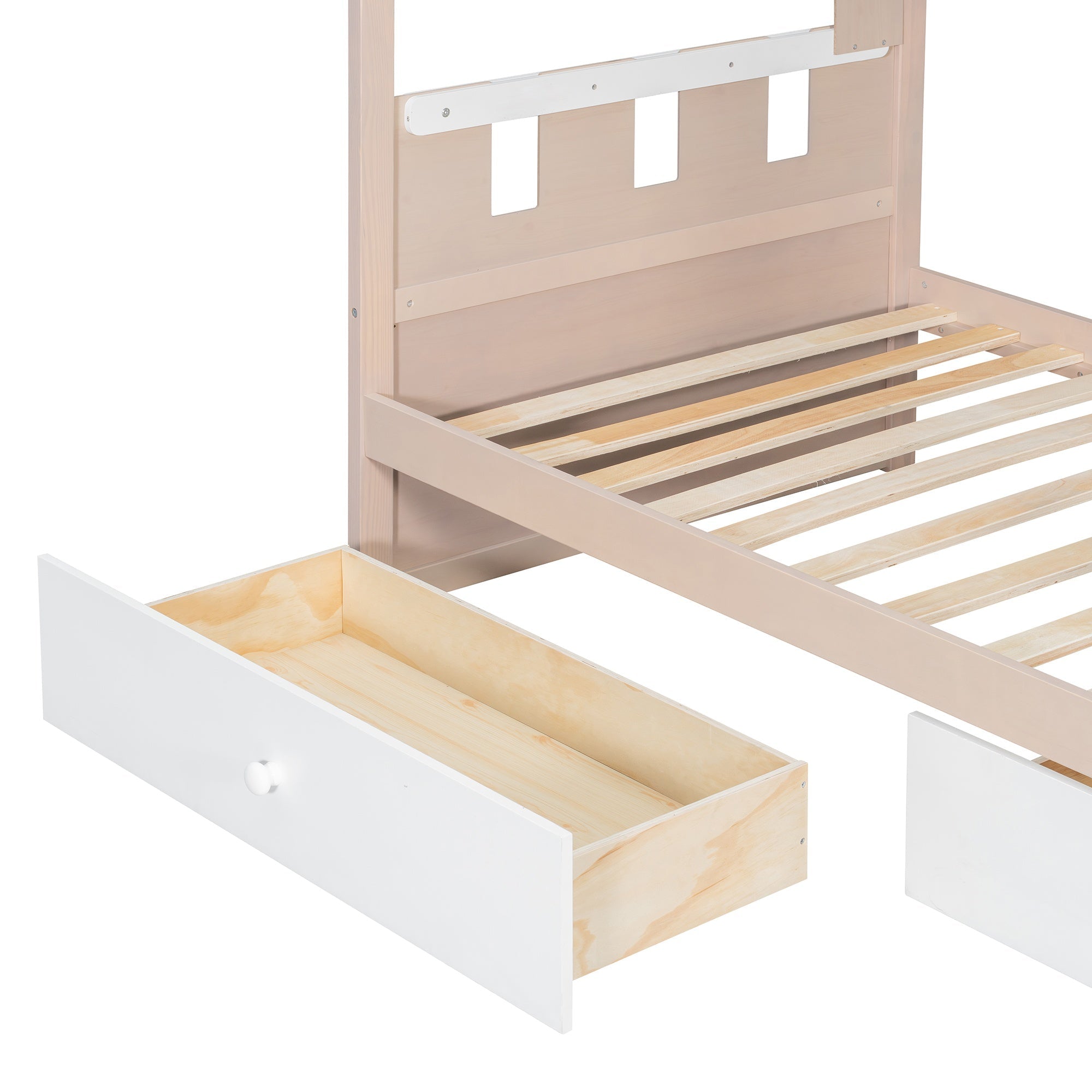 Bellemave® Castle Style Wood Bunk Bed Frame with LED Light Strip, Built - in 3 - Compartment Shelves & 2 Storage Drawers - Bellemave