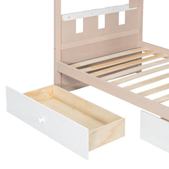 Bellemave® Castle Style Wood Bunk Bed Frame with LED Light Strip, Built - in 3 - Compartment Shelves & 2 Storage Drawers - Bellemave