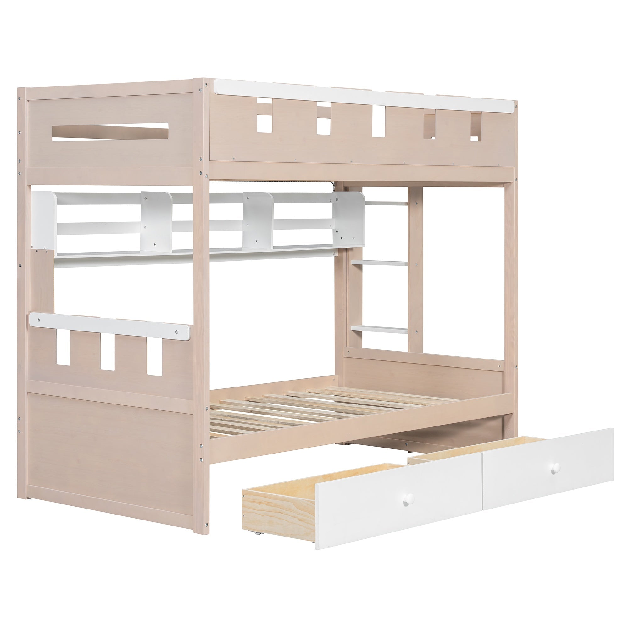Bellemave® Castle Style Wood Bunk Bed Frame with LED Light Strip, Built - in 3 - Compartment Shelves & 2 Storage Drawers - Bellemave