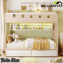 Bellemave® Castle Style Wood Bunk Bed Frame with LED Light Strip, Built - in 3 - Compartment Shelves & 2 Storage Drawers - Bellemave