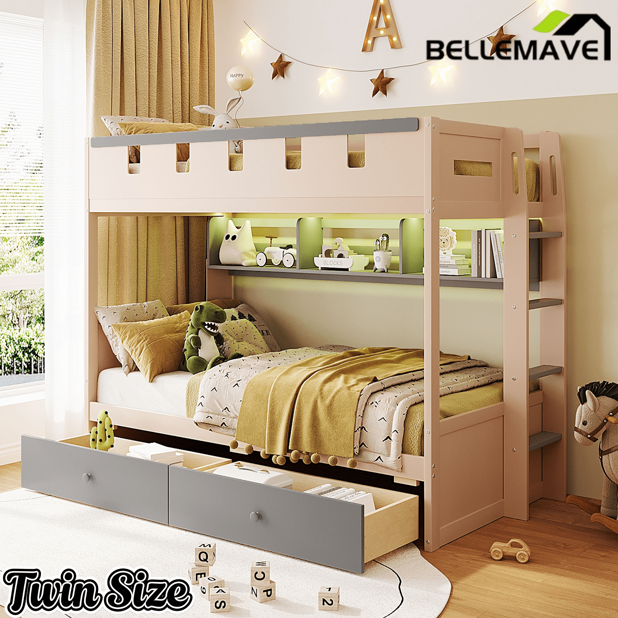 Bellemave® Castle Style Wood Bunk Bed Frame with LED Light Strip, Built - in 3 - Compartment Shelves & 2 Storage Drawers - Bellemave