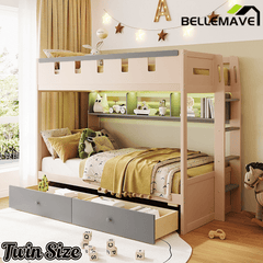 Bellemave® Castle Style Wood Bunk Bed Frame with LED Light Strip, Built - in 3 - Compartment Shelves & 2 Storage Drawers - Bellemave