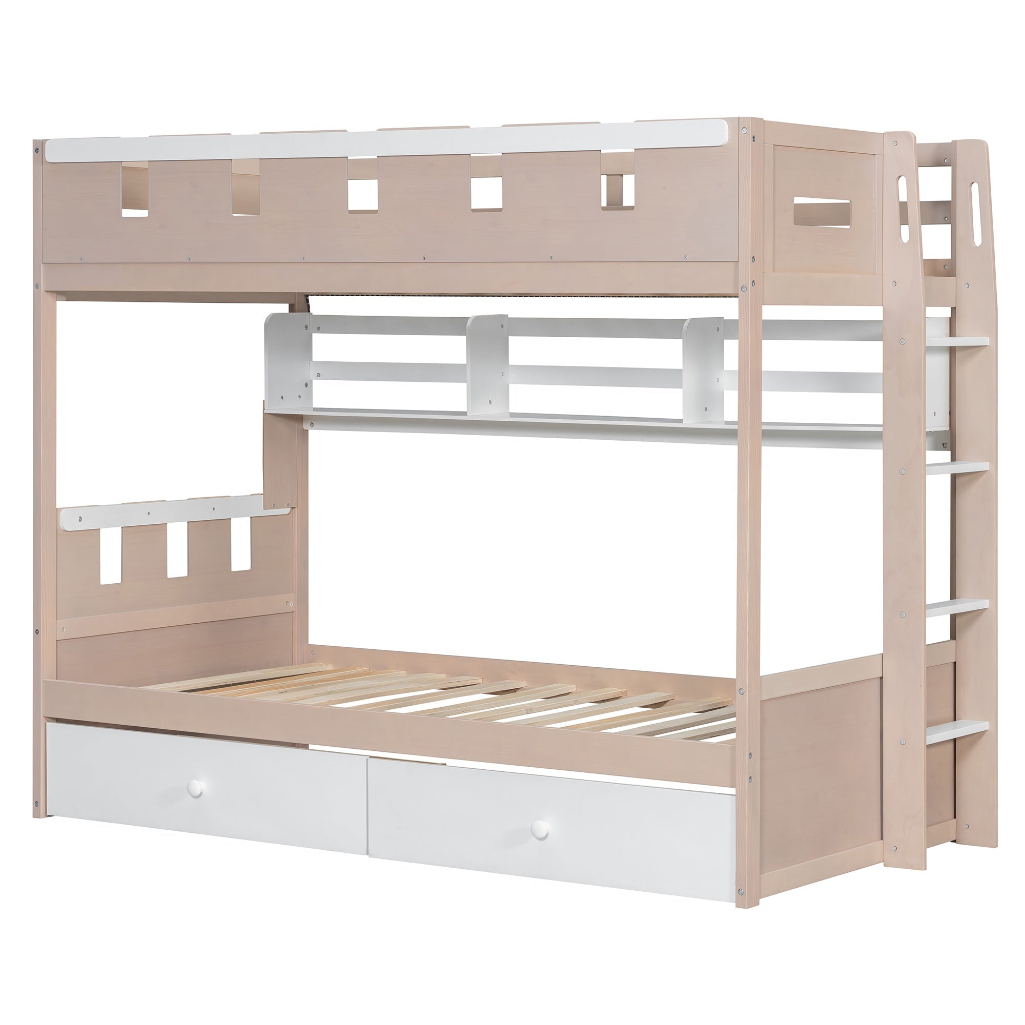 Bellemave® Castle Style Wood Bunk Bed Frame with LED Light Strip, Built - in 3 - Compartment Shelves & 2 Storage Drawers - Bellemave