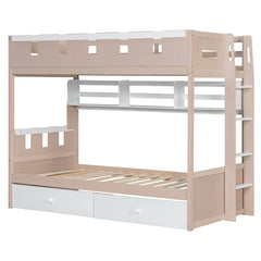 Bellemave® Castle Style Wood Bunk Bed Frame with LED Light Strip, Built - in 3 - Compartment Shelves & 2 Storage Drawers - Bellemave