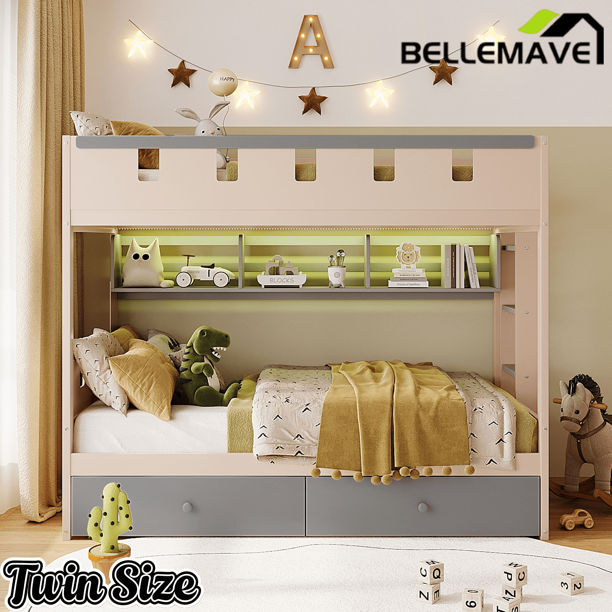 Bellemave® Castle Style Wood Bunk Bed Frame with LED Light Strip, Built - in 3 - Compartment Shelves & 2 Storage Drawers - Bellemave