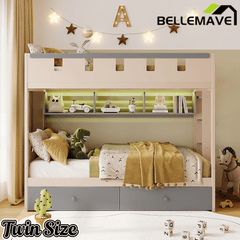 Bellemave® Castle Style Wood Bunk Bed Frame with LED Light Strip, Built - in 3 - Compartment Shelves & 2 Storage Drawers - Bellemave