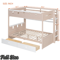Bellemave® Castle Style Wood Bunk Bed Frame with LED Light Strip, Built - in 3 - Compartment Shelves & 2 Storage Drawers - Bellemave