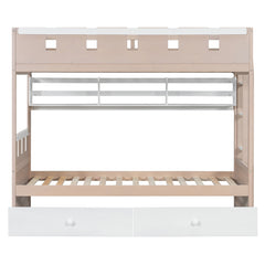 Bellemave® Castle Style Wood Bunk Bed Frame with LED Light Strip, Built - in 3 - Compartment Shelves & 2 Storage Drawers - Bellemave