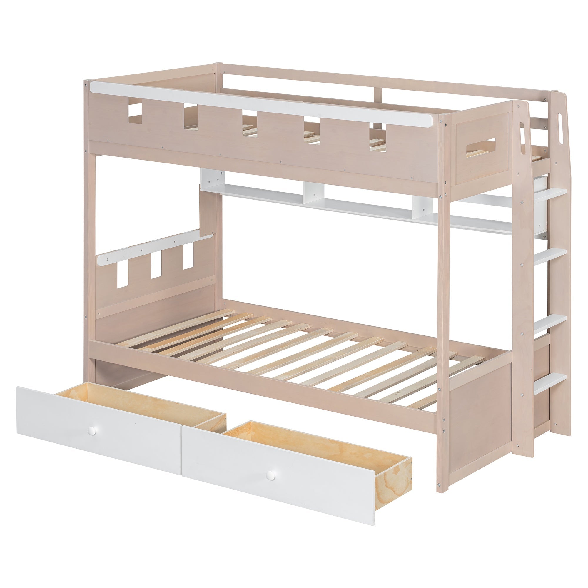 Bellemave® Castle Style Wood Bunk Bed Frame with LED Light Strip, Built - in 3 - Compartment Shelves & 2 Storage Drawers - Bellemave