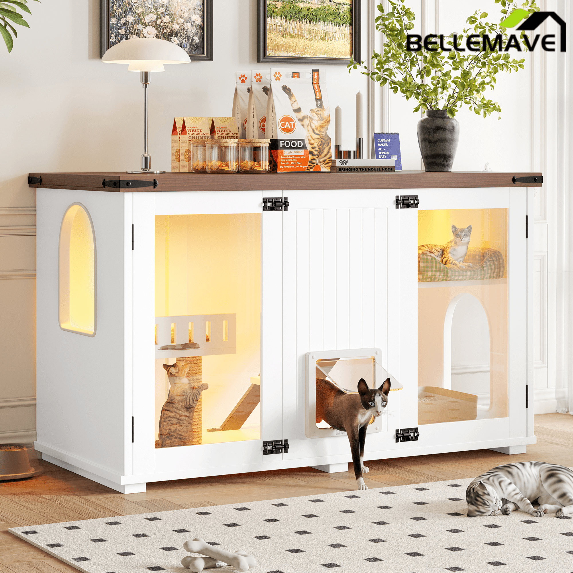 Bellemave® Cat Hidden Litter Box Furniture with LED & Storage, Enclosed Wood Cat House with Stairs & Smart Doors - Bellemave