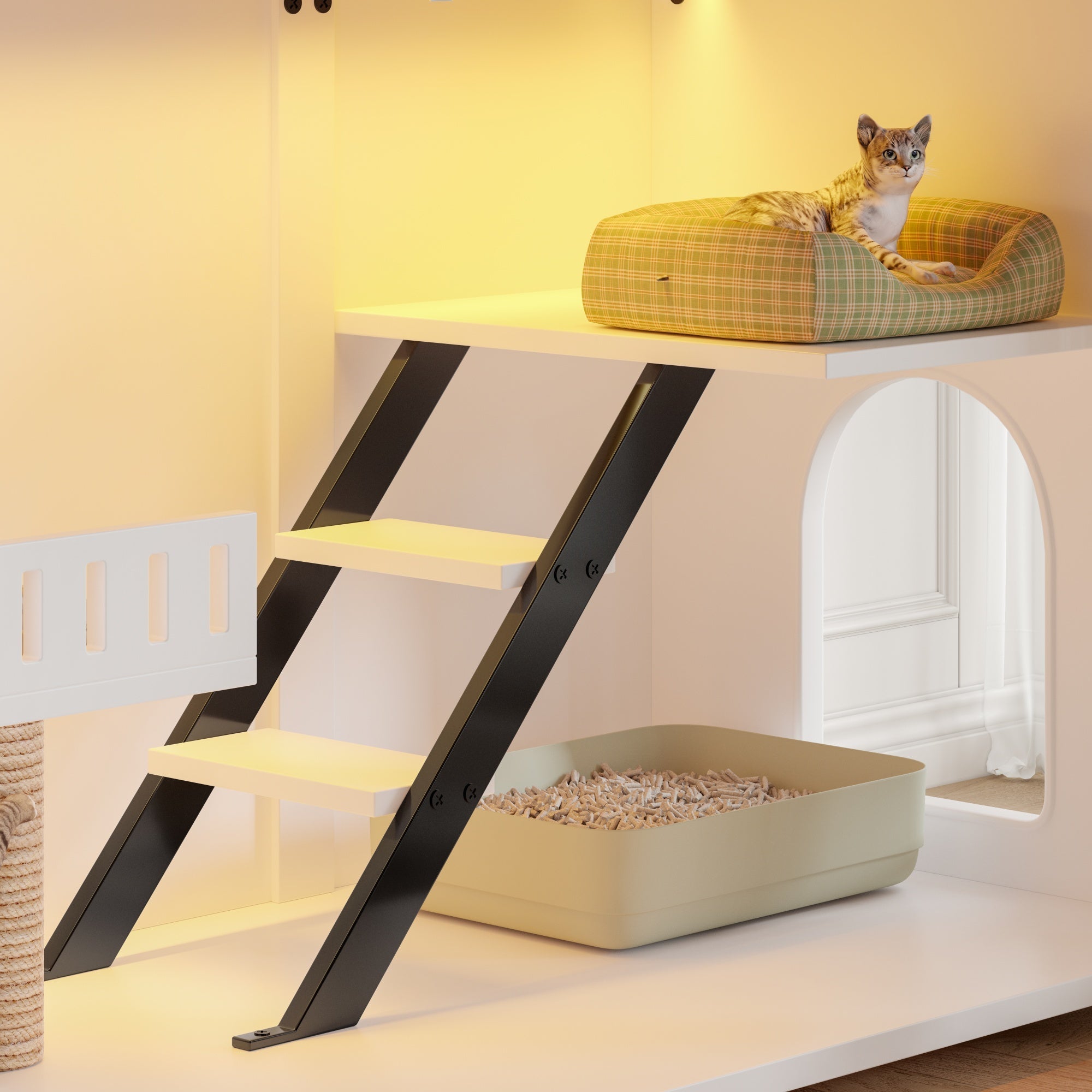 Bellemave® Cat Hidden Litter Box Furniture with LED & Storage, Enclosed Wood Cat House with Stairs & Smart Doors - Bellemave