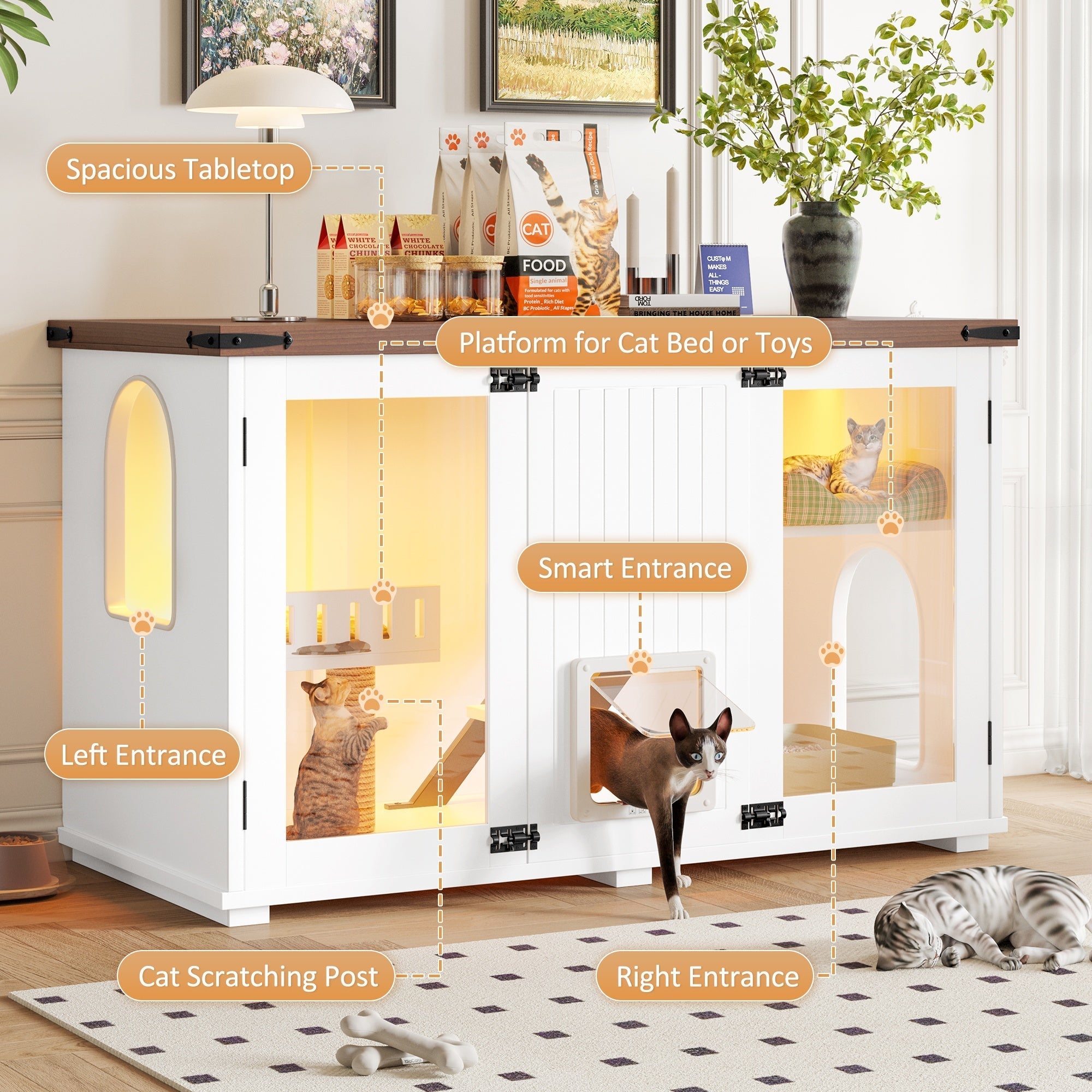 Bellemave® Cat Hidden Litter Box Furniture with LED & Storage, Enclosed Wood Cat House with Stairs & Smart Doors - Bellemave