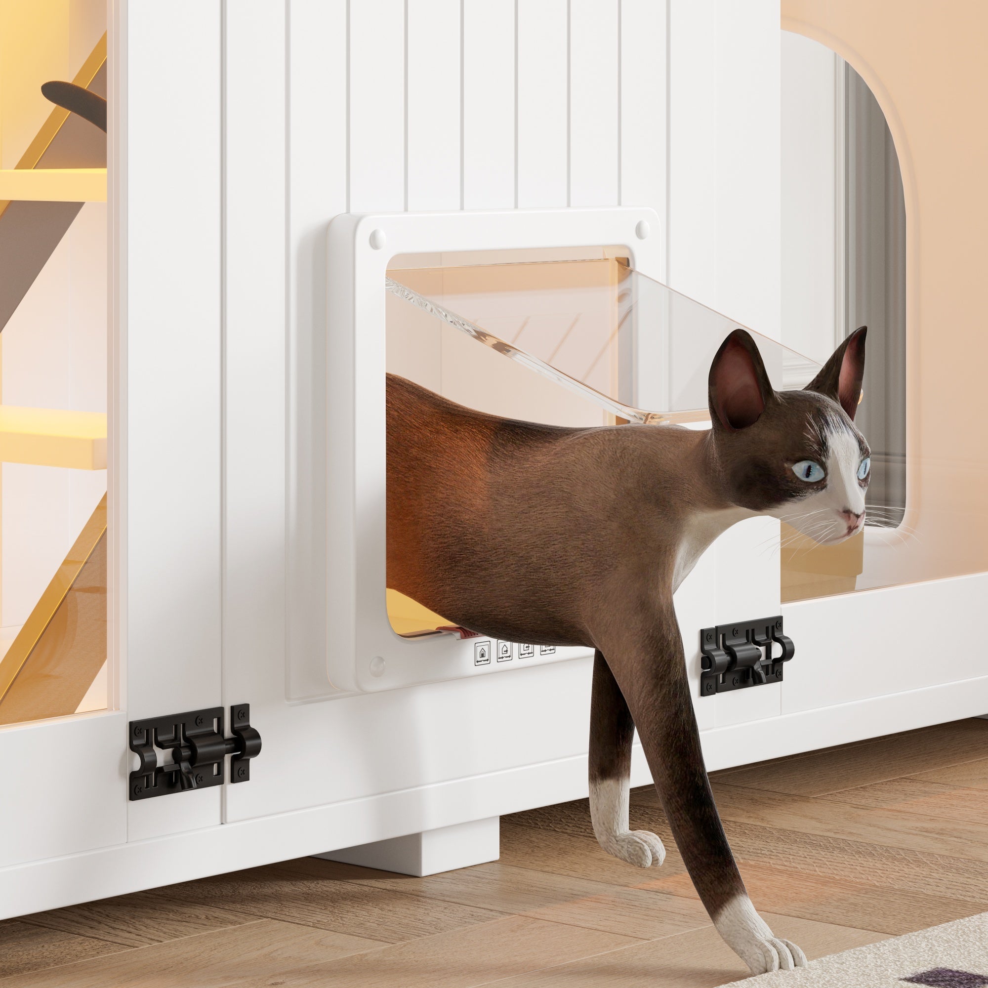 Bellemave® Cat Hidden Litter Box Furniture with LED & Storage, Enclosed Wood Cat House with Stairs & Smart Doors - Bellemave