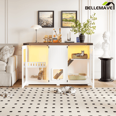 Bellemave® Cat Hidden Litter Box Furniture with LED & Storage, Enclosed Wood Cat House with Stairs & Smart Doors - Bellemave