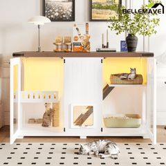 Bellemave® Cat Hidden Litter Box Furniture with LED & Storage, Enclosed Wood Cat House with Stairs & Smart Doors - Bellemave
