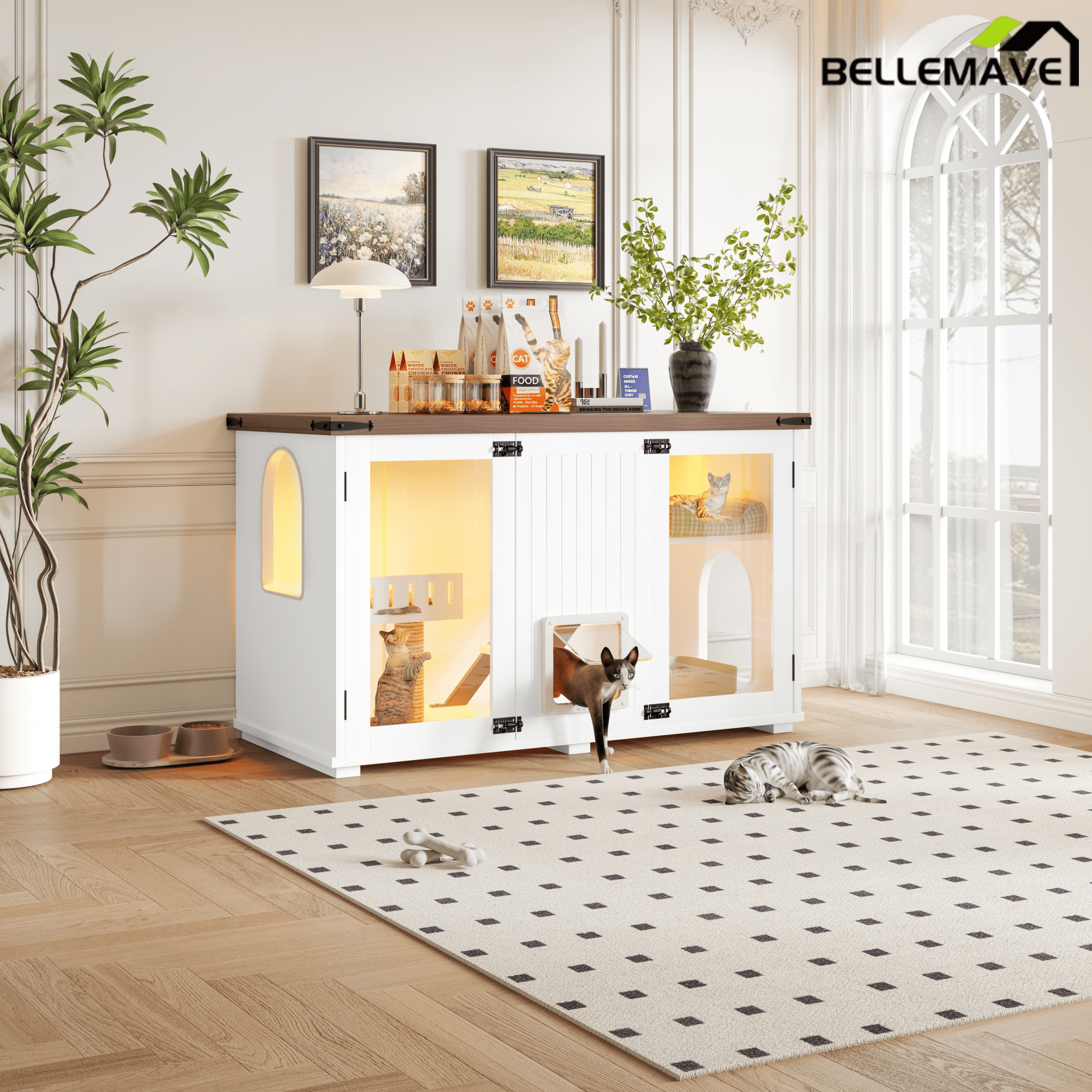 Bellemave® Cat Hidden Litter Box Furniture with LED & Storage, Enclosed Wood Cat House with Stairs & Smart Doors - Bellemave