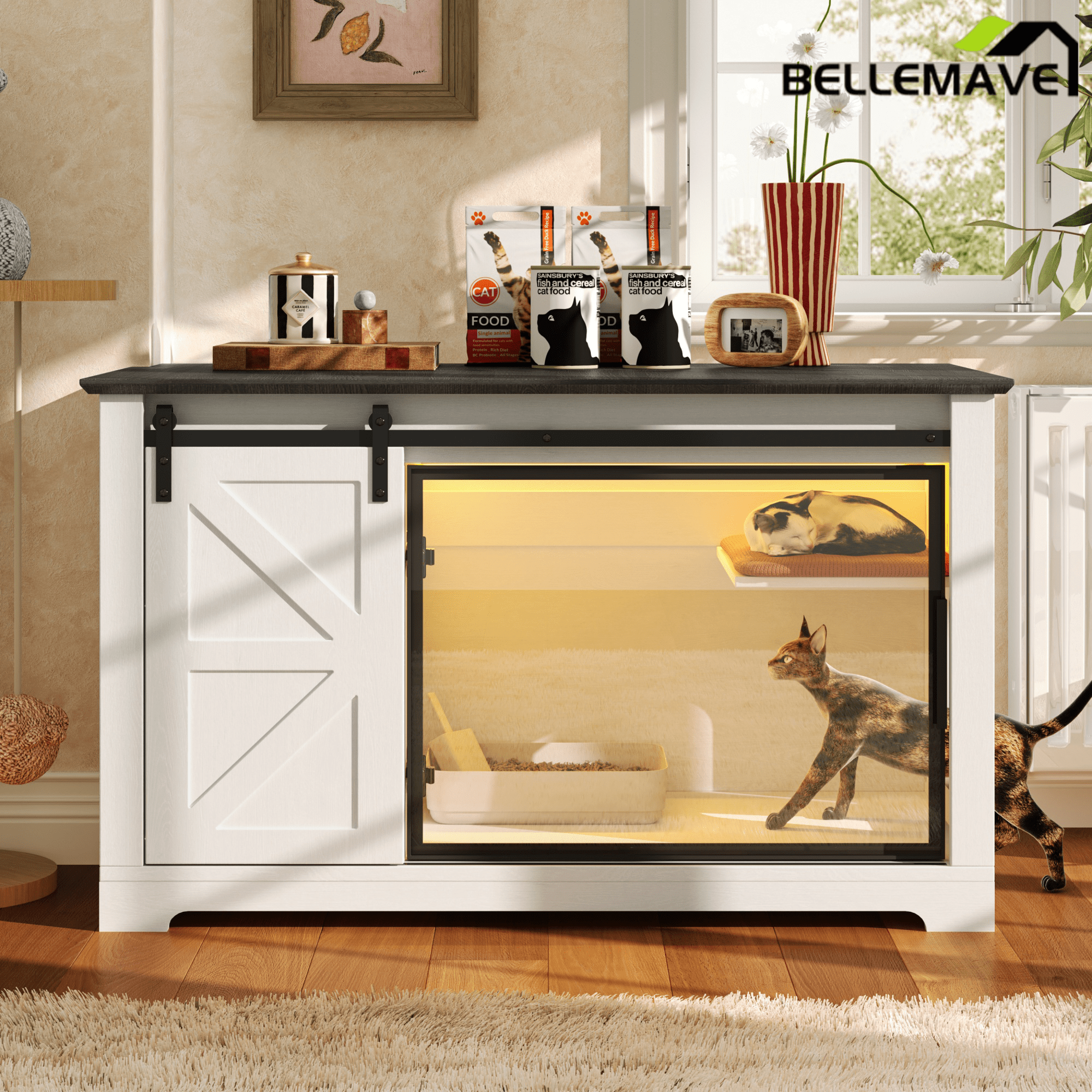 Bellemave® Cat Hidden Litter Box Furniture with LED, Storage & Sliding Barn Door - Bellemave