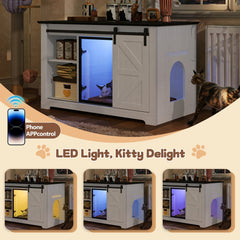 Bellemave® Cat Hidden Litter Box Furniture with LED, Storage & Sliding Barn Door - Bellemave