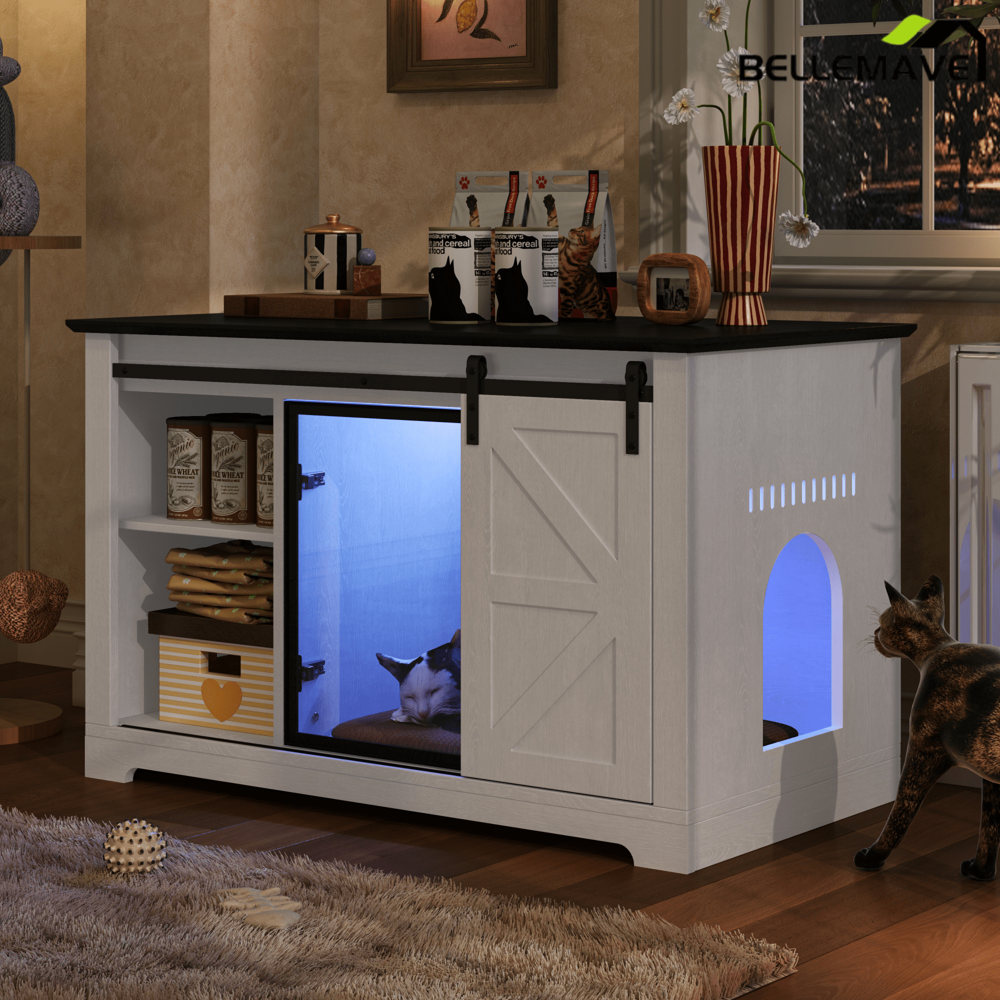 Bellemave® Cat Hidden Litter Box Furniture with LED, Storage & Sliding Barn Door - Bellemave