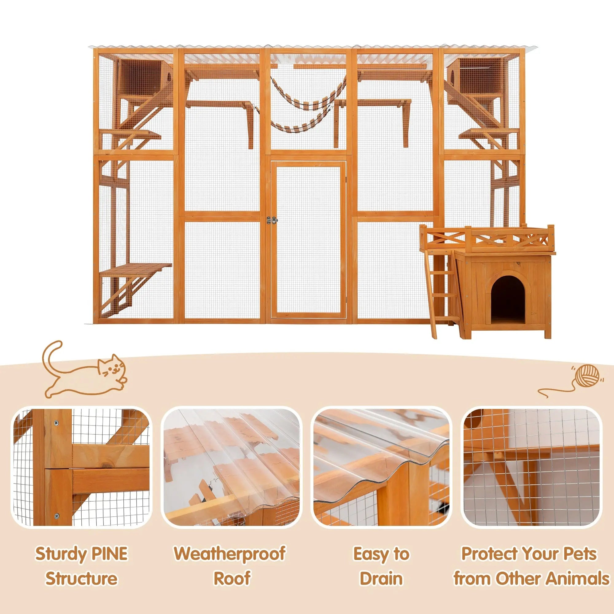 Bellemave® Cat Houses for Outdoor Cats,Natural Wood Playground,Natural Cat Shelf with Litter Box - Bellemave
