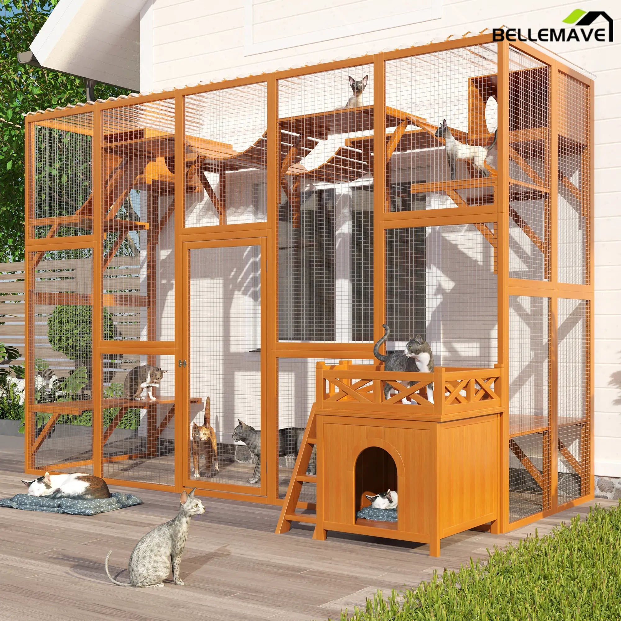 Bellemave® Cat Houses for Outdoor Cats,Natural Wood Playground,Natural Cat Shelf with Litter Box - Bellemave