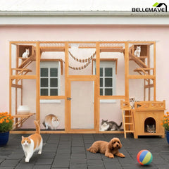 Bellemave® Cat Houses for Outdoor Cats,Natural Wood Playground,Natural Cat Shelf with Litter Box - Bellemave